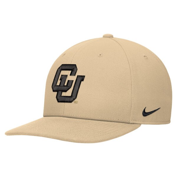 Front view of tan fitted hat with black CU logo and Nike Swoosh on brim